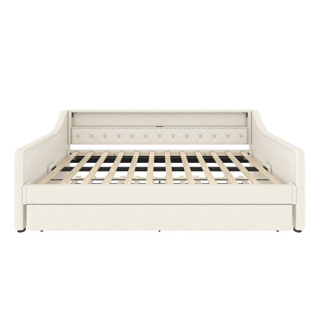 DESMIU Divano letto 90 × 200 cm 1 posto con letto estraibile, LED e USB, senza materasso, in lino, beige