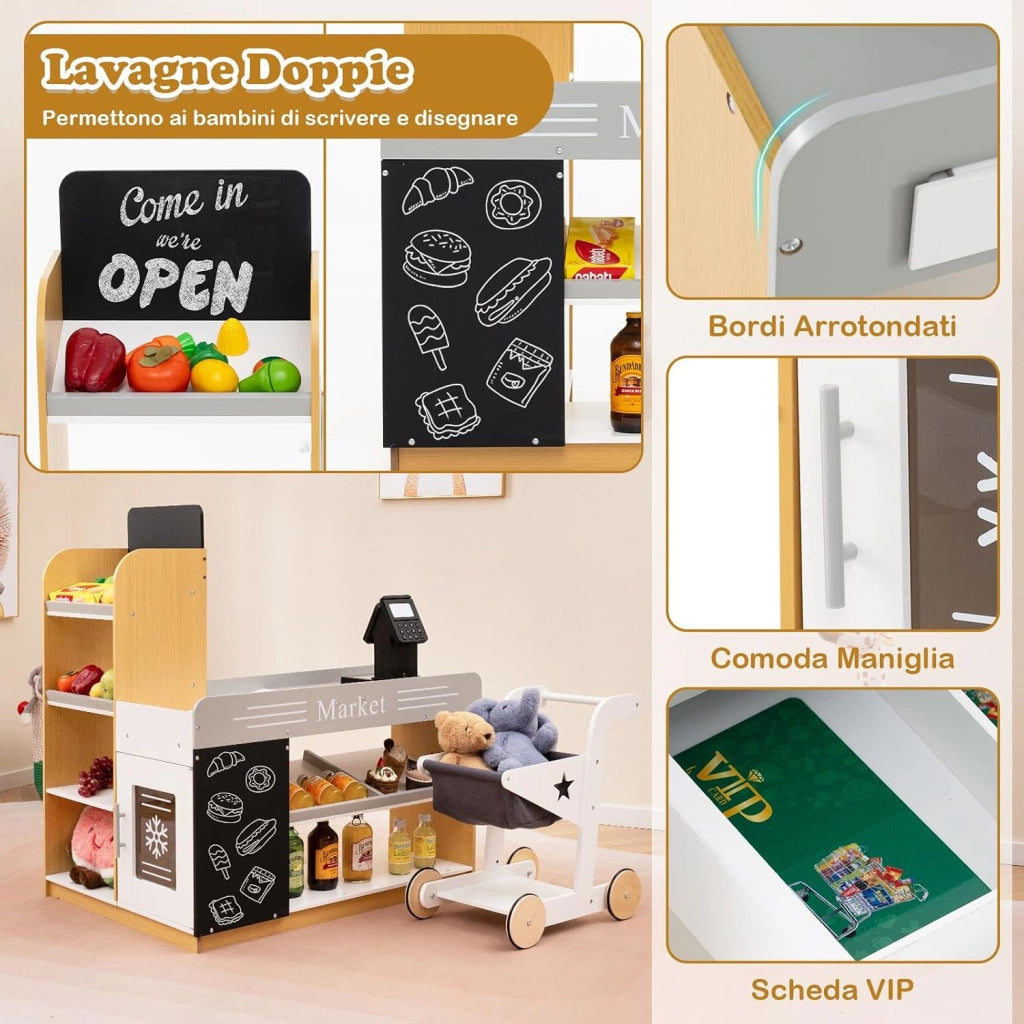 Set da Gioco da Supermercato, Banco di Mercato per Bambini in Legno con Carrello della Spesa, 2 Lavagne e Registratore di Cassa, Scaffali Espositivi, per Bambini 3+ Anni