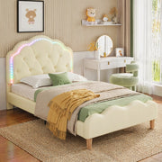 DESMIU Letto singolo 90 × 200 cm con LED multicolore, testiera ondulata e senza materasso, in PU beige