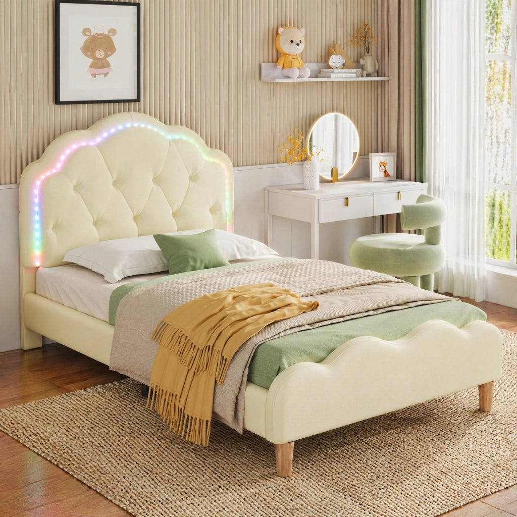 DESMIU Letto singolo 90 × 200 cm con LED multicolore, testiera ondulata e senza materasso, in PU beige