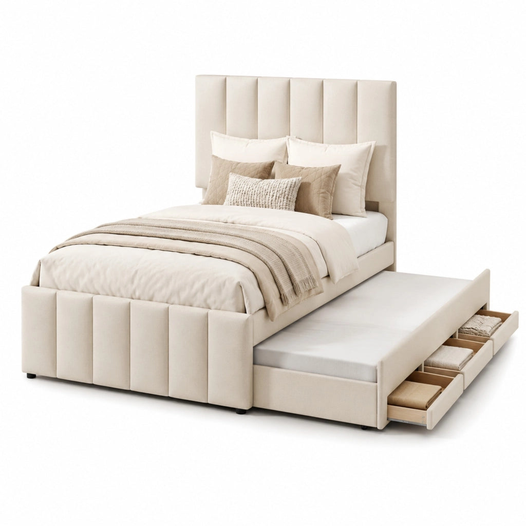 Letto imbottito singolo con letto estraibile e 3 cassetti 90x200 cm; beige