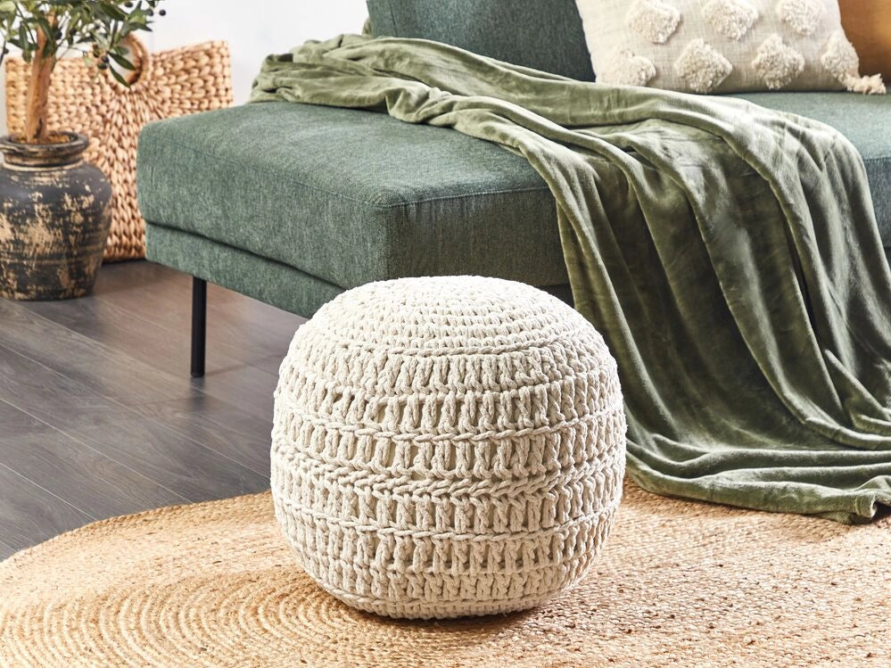 Pouf Ottomano Beige Cotone 40 x 40 cm EPS Perline Riempimento Rotondo Stile Boho Soggiorno