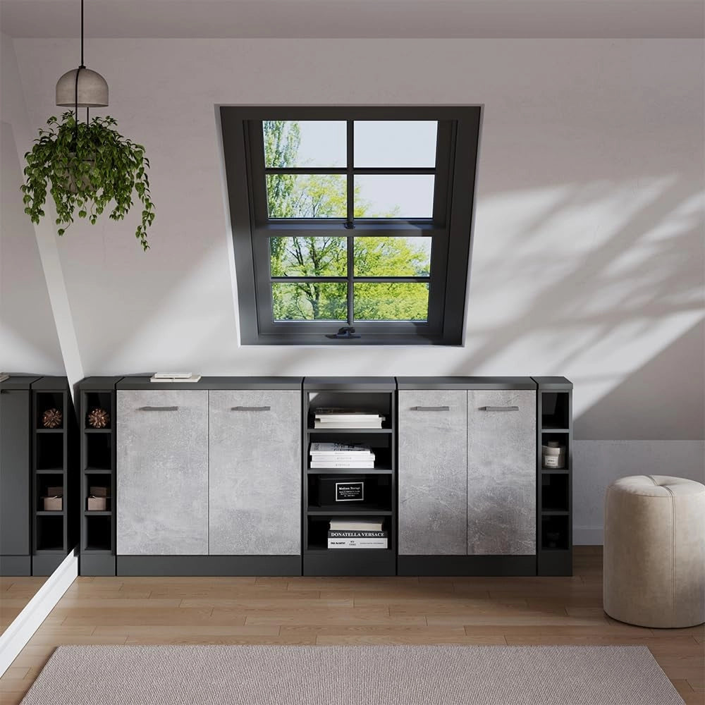 Set di mobili sottotetto Rion, Calcestruzzo, 210 cm Set di 5 carcasse armadio profondità 60 cm, adatto per il salvaspazio sotto tetti spioventi