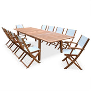 Set tavolo da giardino estensibile in legno con 10 sedie, marrone
