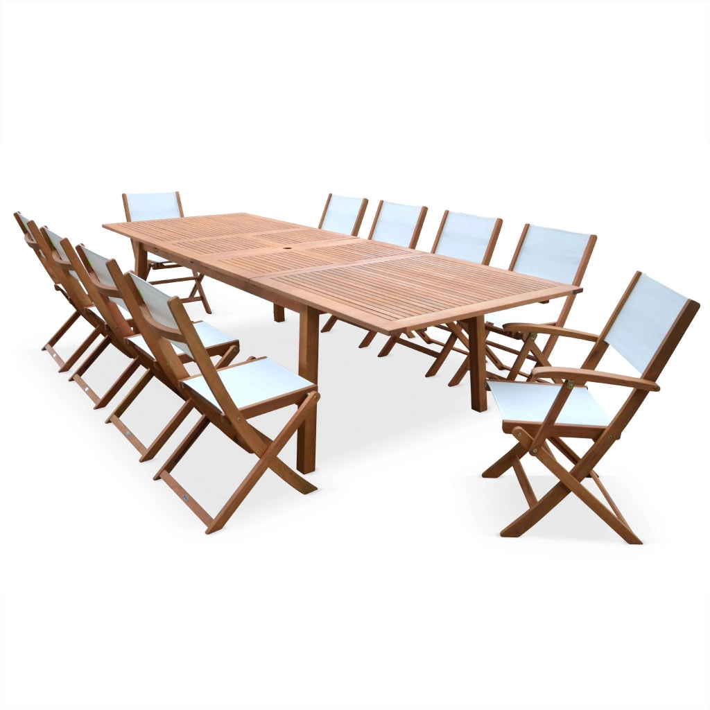 Set tavolo da giardino estensibile in legno con 10 sedie, marrone