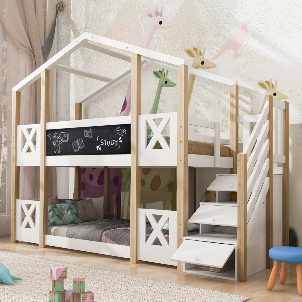 Letto a castello per bambini 90x200 cm con scala contenitore, design casetta, bianco/naturale