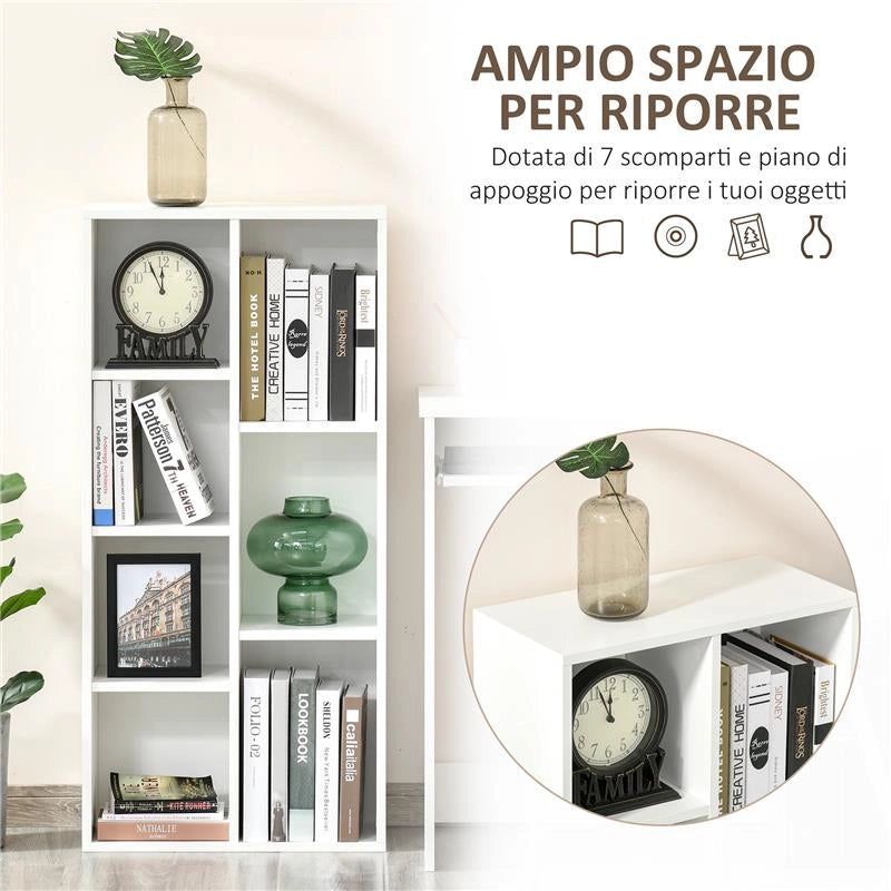 LIBRERIA MODERNA A CUBI CON 7 RIPIANI, IN LEGNO TRUCIOLATO, 50X24X106 CM, BIANCA