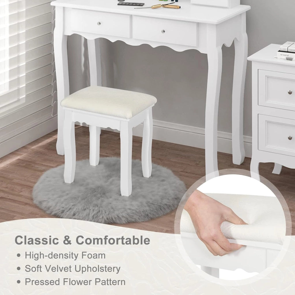 WOLTU Sgabello Bianco per Tavolo da Trucco, Sgabello in Legno Imbottito, Sedia da Make Up per Camera da Letto, Design Barocco， Rivestimento in Velluto, 37x28x44,5cm MB6095ws