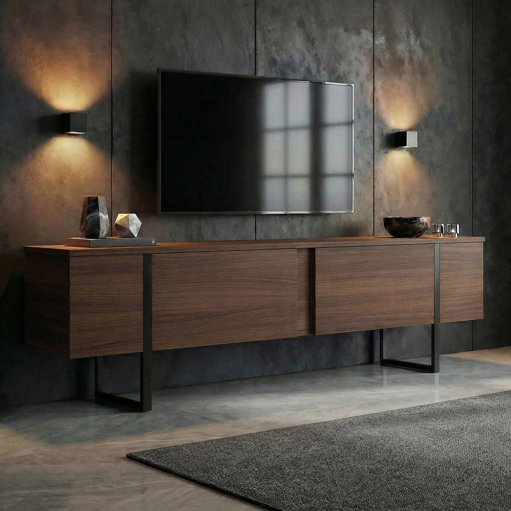 Abishia, Mobile Porta tv 2 Ante, 180x30x50h cm Marrone Noce Scuro