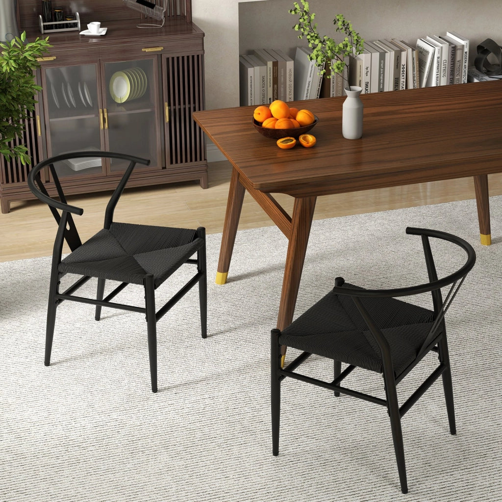 Sedie da cucina con schienale a forma di Y e cuscino in rattan intrecciato, Sedie d'accento impilabili Nero-Sedie da pranzo