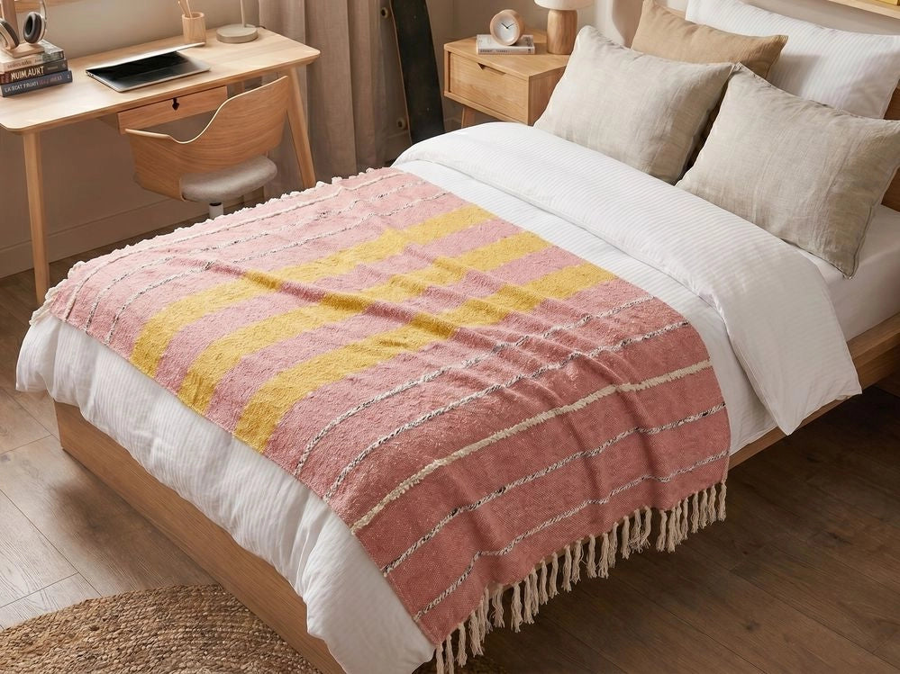 Coperta in cotone acrilico rosso chiaro giallo beige 130 x 170 cm motivo a righe nappe boho soggiorno camera da letto