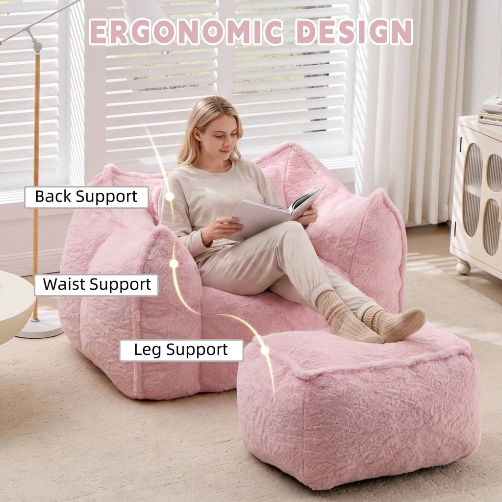 Pouf lounge ergonomico con schienale avvolgente e poggiapiedi per soggiorno e camera da letto in finta pelliccia rosa