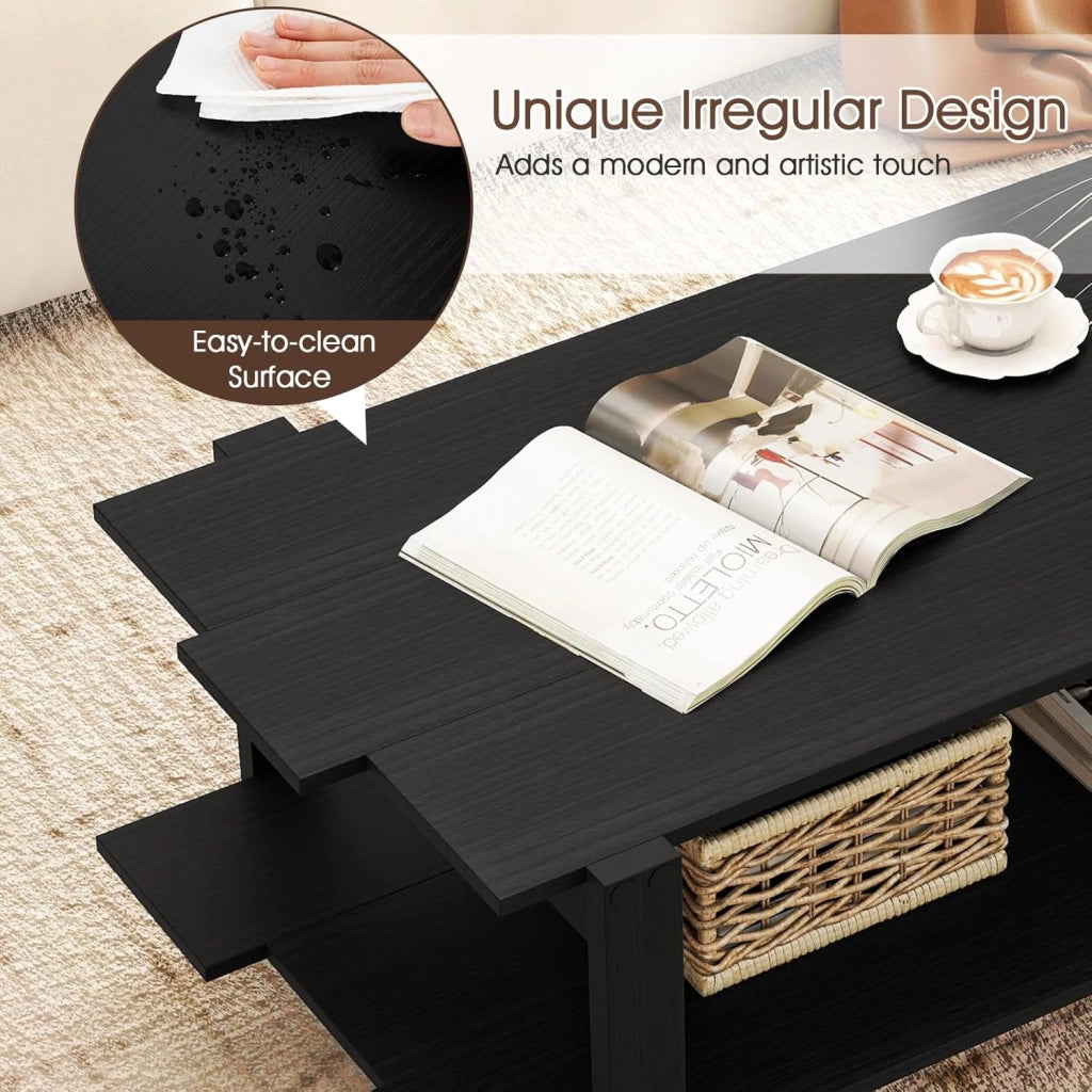 Tavolino da Caffè a 2 Livelli, Tavolo Centrale Irregolare con Ripiano di Stoccaggio Aperto, Tavolo Rettangolare da Cocktail Moderno per Soggiorno, Ufficio, Nero/Bianco/Noce (Nero)