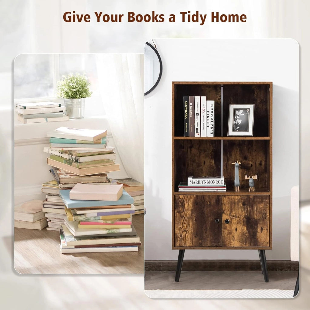 Libreria con 2 Ante a 3 Livelli, Scaffale per Libri, Credenza da Terra, Gambe Alte in Legno di Pino, Stile Vintage, Ideale per Soggiorno, Studio, Portata Massima 50 kg, 60x30x120 cm