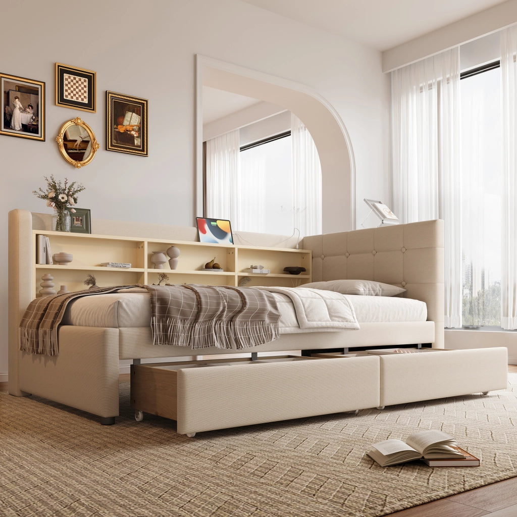 DESMIU Letto singolo 90 × 200 cm con 2 cassetti, USB, Type-C e vani, senza materasso, in lino, beige