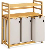 Scatola per la raccolta della spazzatura con 3 cassette - Struttura in bambù - Colorazione chiaro grigio - Adatto per una raccolta efficiente dei rifiuti