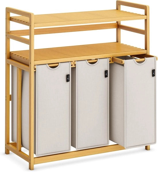 Scatola per la raccolta della spazzatura con 3 cassette - Struttura in bambù - Colorazione chiaro grigio - Adatto per una raccolta efficiente dei rifiuti