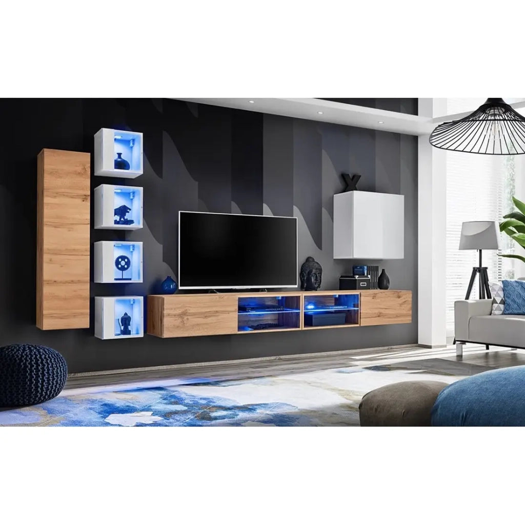 Set mobili da salotto SWITCH XXVI – Rovere e bianco – LED integrati & sistema Push to Open