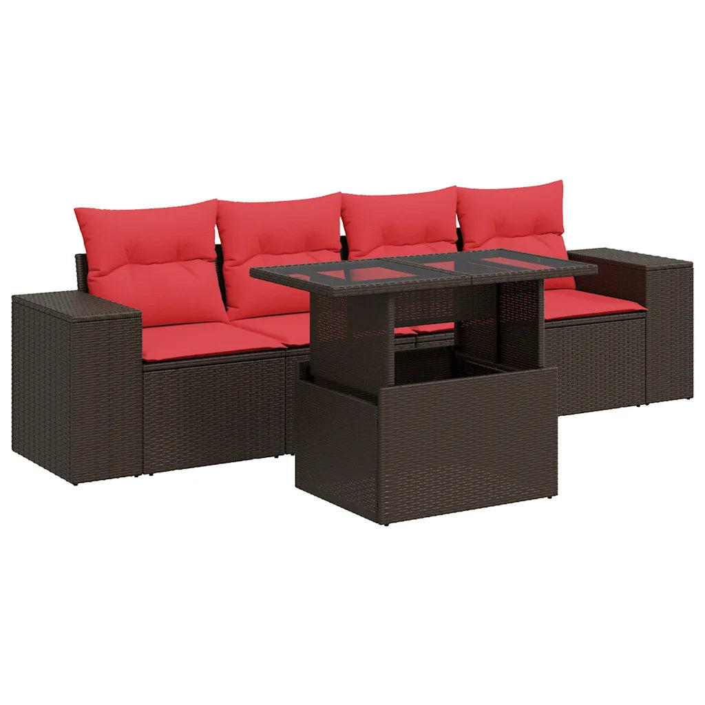Set Divano da Giardino 5 pz Cuscini Marrone Polyrattan e Acacia