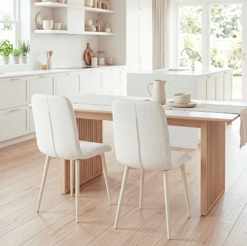 SEDIE da Pranzo Imbottite in Poliestere Effetto Lino Crema Set da 2 pezzi