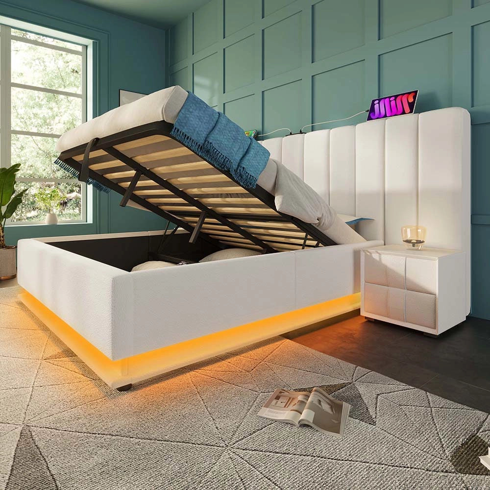 Letto imbottito con comando App LED e USB-C - Xylo - 160??200 cm - Bianco