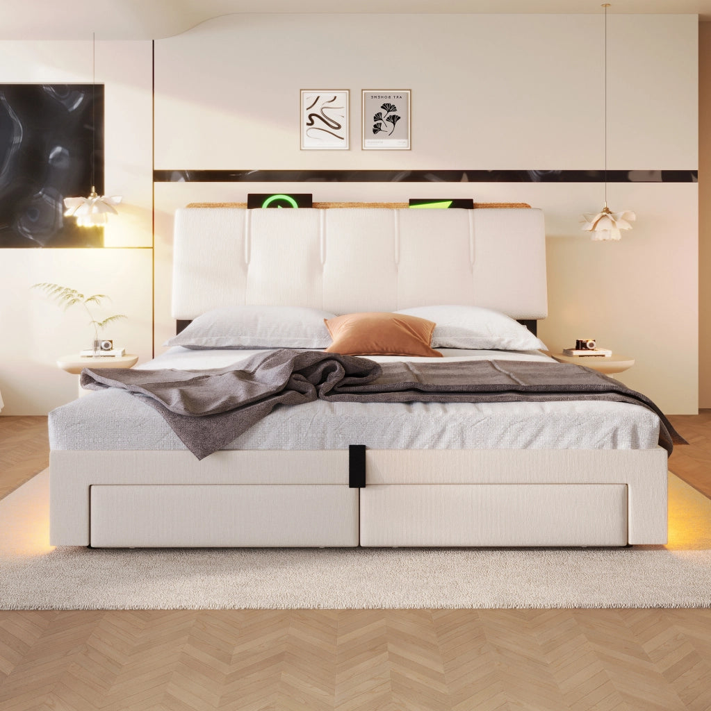 Letto imbottito con contenitore, USB e LED, 140 x 200 cm, beige