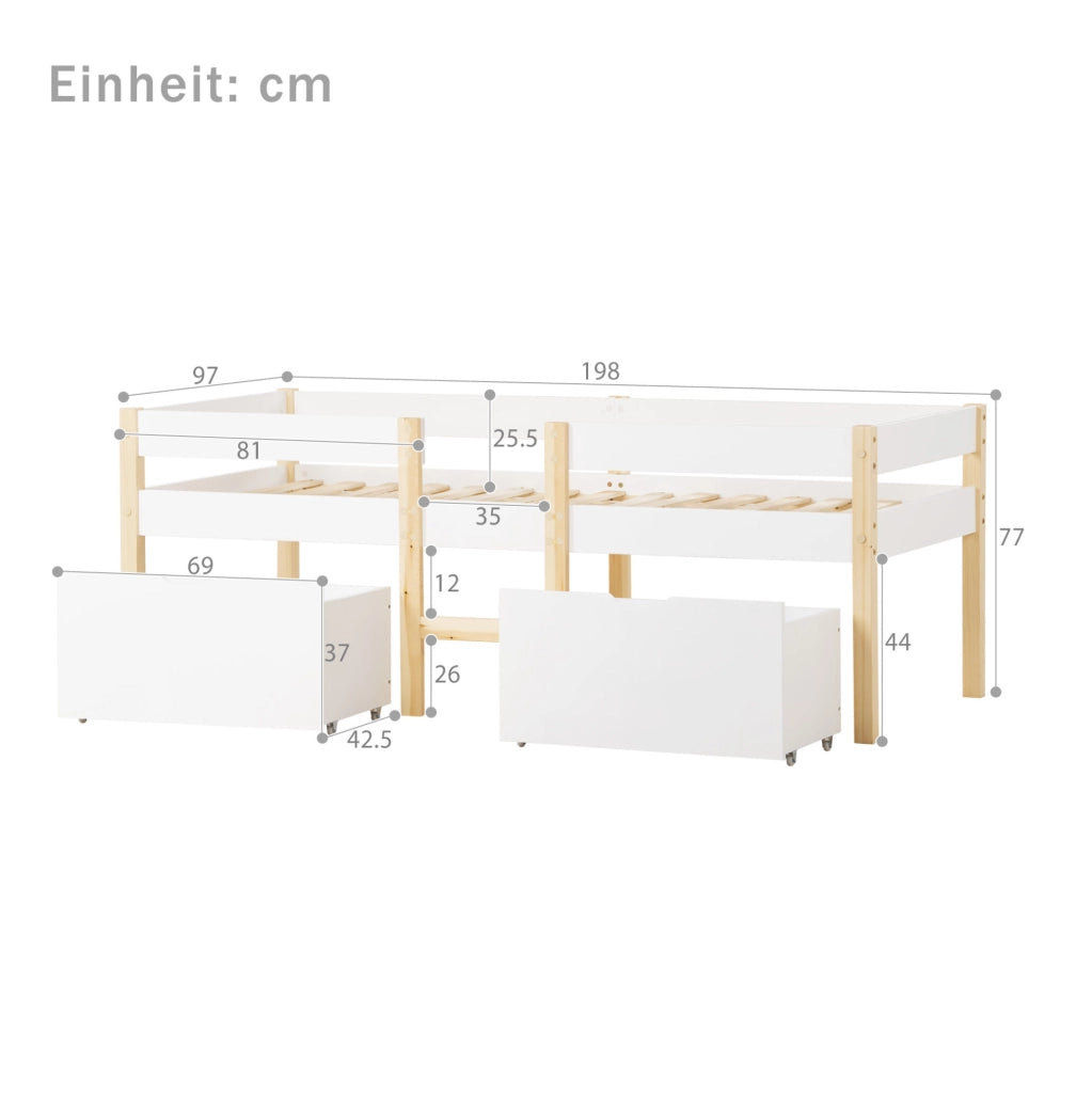 Lettino semialto per bambini 90x190 cm in pino massiccio bianco con cassetti