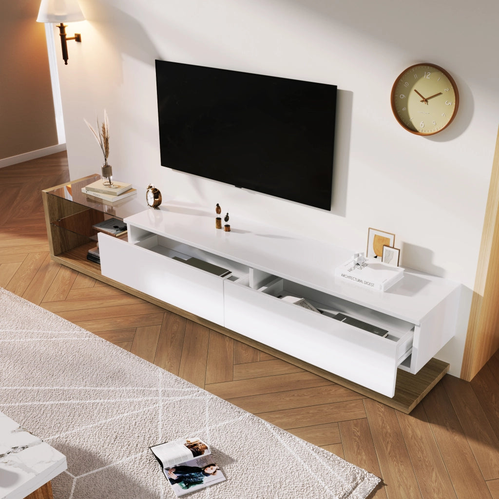 Mobile TV con 2 Cassetti; 2 Ripiani in Vetro e LED; Bianco Lucido con Effetto Legno; 170??36??38 cm; in Truciolare