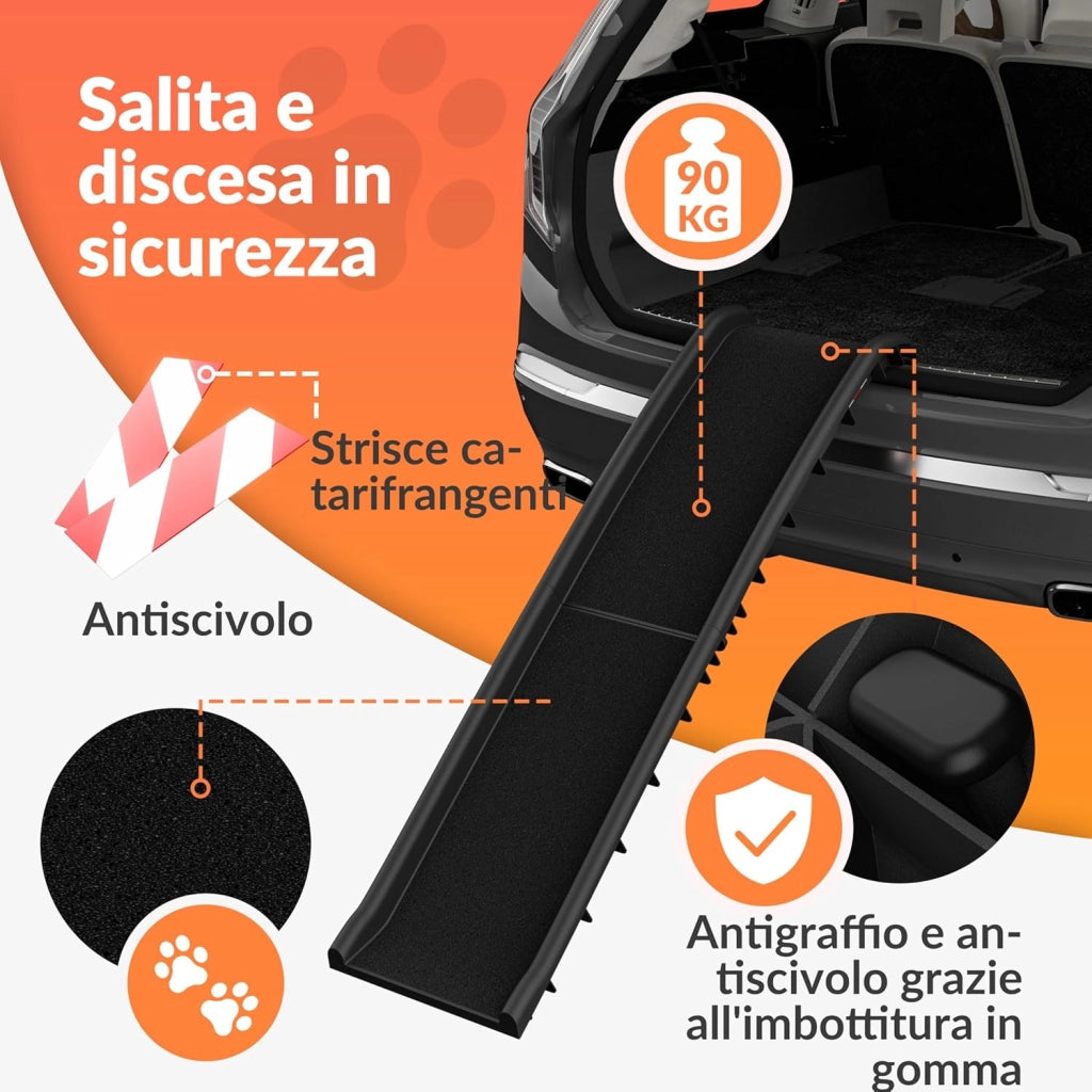Rampa per Cani Auto Pieghevole Antiscivolo 156x40cm Capacità 90KG con Maniglia di Trasporto Ciotola Catarifrangenti Scivolo Pedana Bagagliaio Rampe