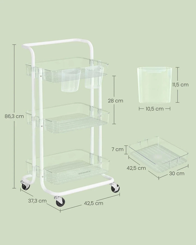 Carrello di servizio mobile a 3 livelli con ruote ripiano portaoggetti con maniglia 2 pentole 2 freni cestini in plastica facile da montare per camera da letto cucina bianco 12_0005040