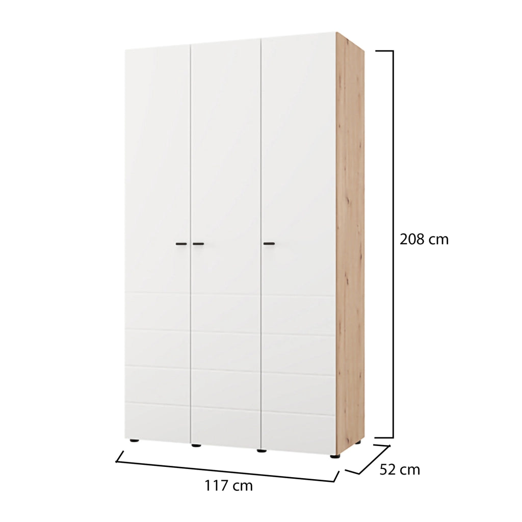 Armadio Camera da Letto Ronco, Guardaroba 3 Ante Appendiabiti, 117x52 cm Bianco Opaco