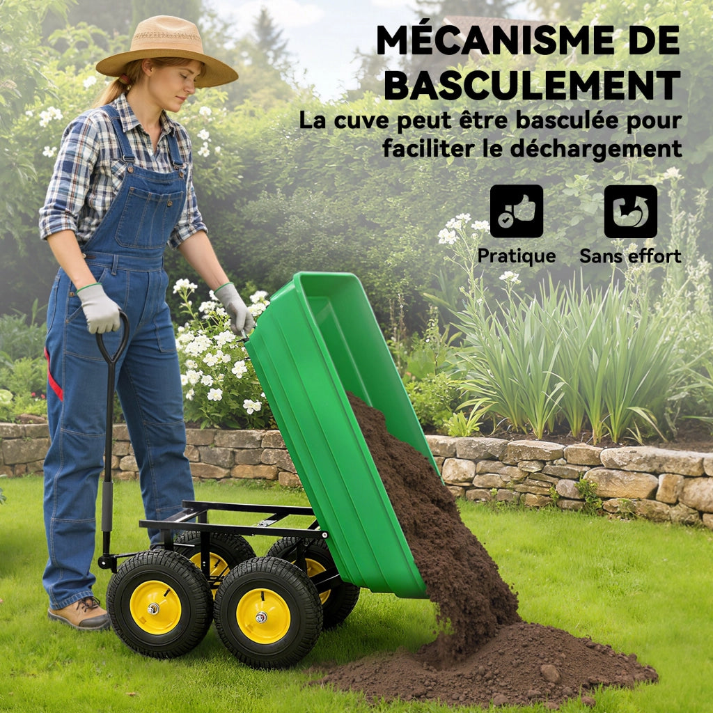 Carrello da Giardino Ribaltabile ¨C Xylo ¨C 75L 200kg 4 Ruote Pneumatiche Acciaio Giallo Verde