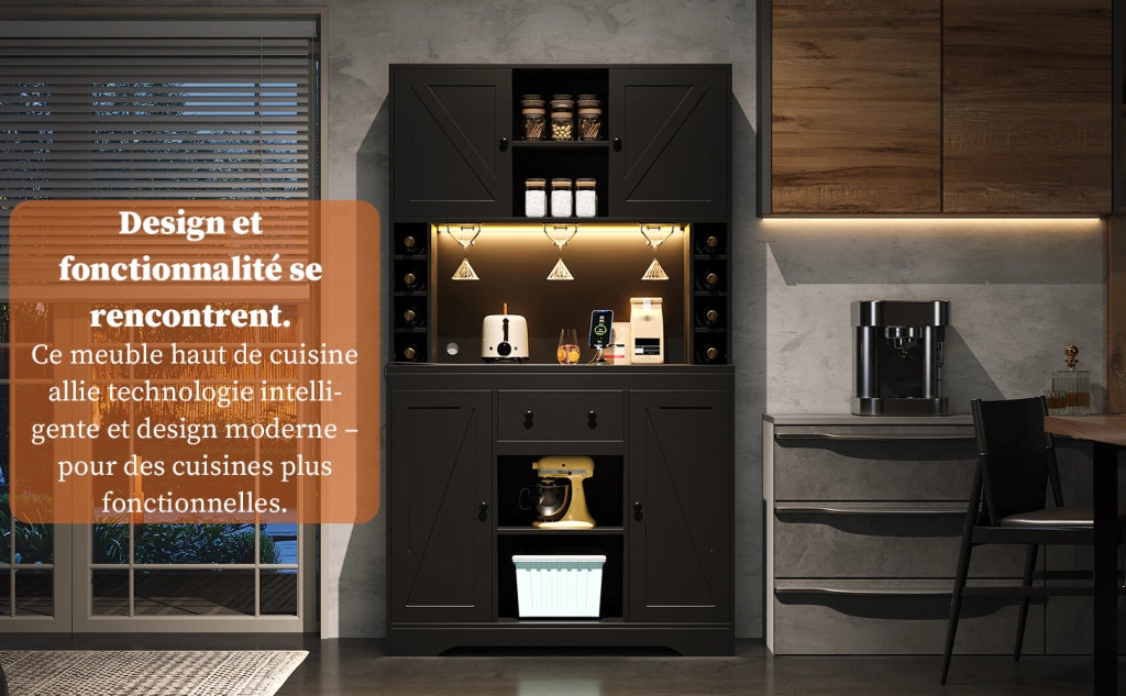 Buffet da cucina alto 180x105x40 cm con LED RGB, prese integrate, cassetto e portasciuggetti