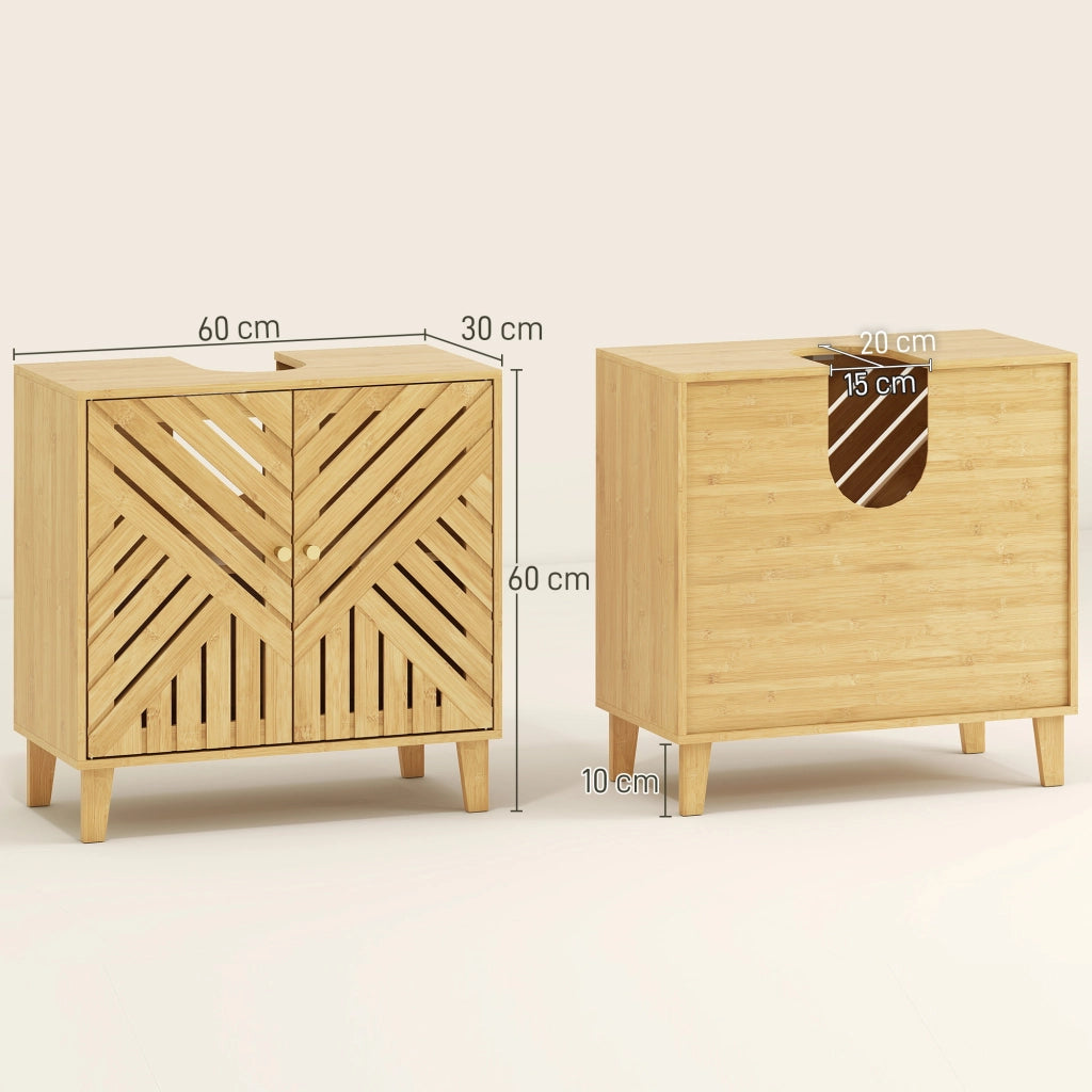 Mobiletto Sottolavabo in Bamb¨´ con Ripiano Regolabile e Ante a Listelli ¨C Zephmum ¨C Naturale 60x30x60 cm