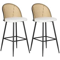 Set di 2 Sgabelli da Bar con Schienale in Rattan, Sedile Rivestito in Tessuto Teddy, Telaio in Acciaio e Poggiapiedi, Crema