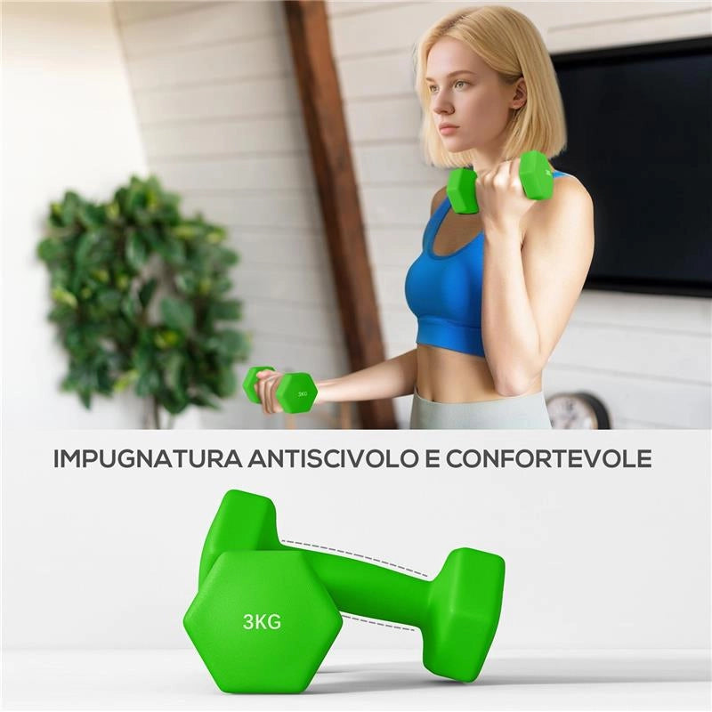 SET MANUBRI CON SUPPORTO, 6 MANUBRI TOTALI 2X1 KG, 2X2 KG, 2X3 KG, MULTICOLORE