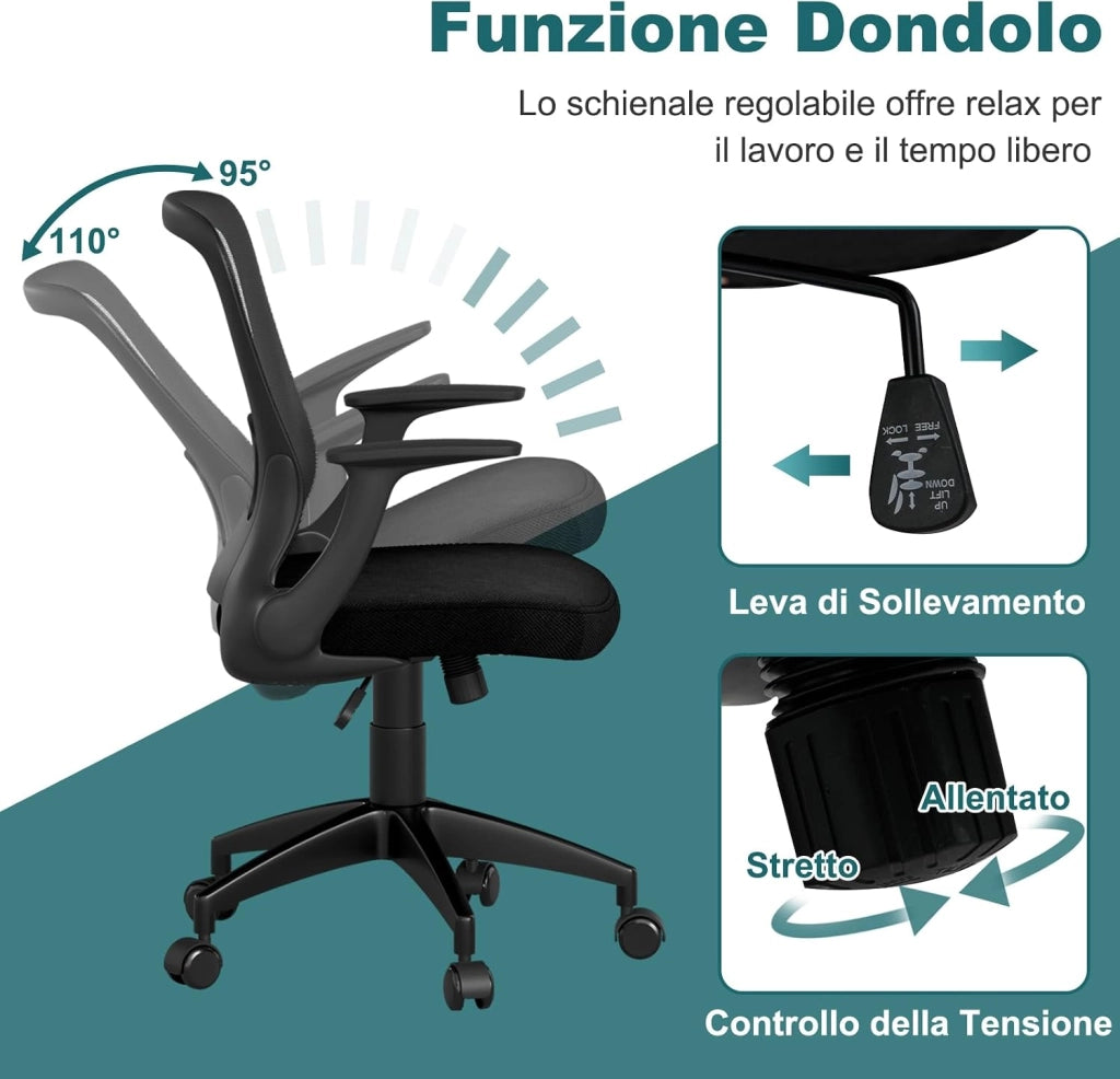 Sedia da Ufficio Ergonomica in Rete, Regolabile in Altezza e Schienale Regolabile, Braccioli Ribaltabili e Supporto Lombare, Sedia Girevole per Scrivania, per Ufficio, Portata 150 kg