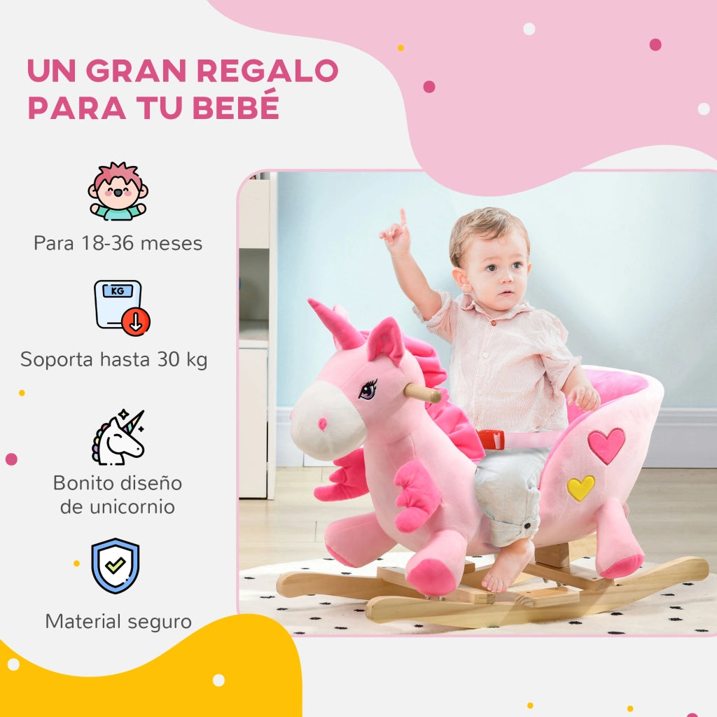 Cavallo a dondolo unicorno per bambini con musica e cintura di sicurezza ¨C Xylo ¨C Rosa 65x35x45cm
