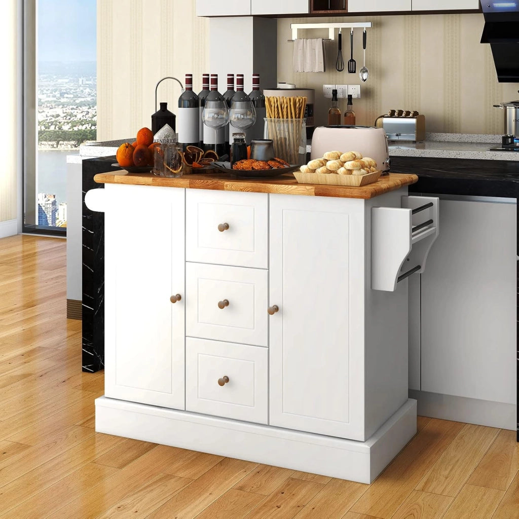 Carrello da Cucina in Legno di Quercia con 2 Armadi e 3 Cassetti, Credenza con 5 Rotelle e Cerniere in Metallo, Isola da Cucina per Soggiorno e Sala da Pranzo (Bianco)