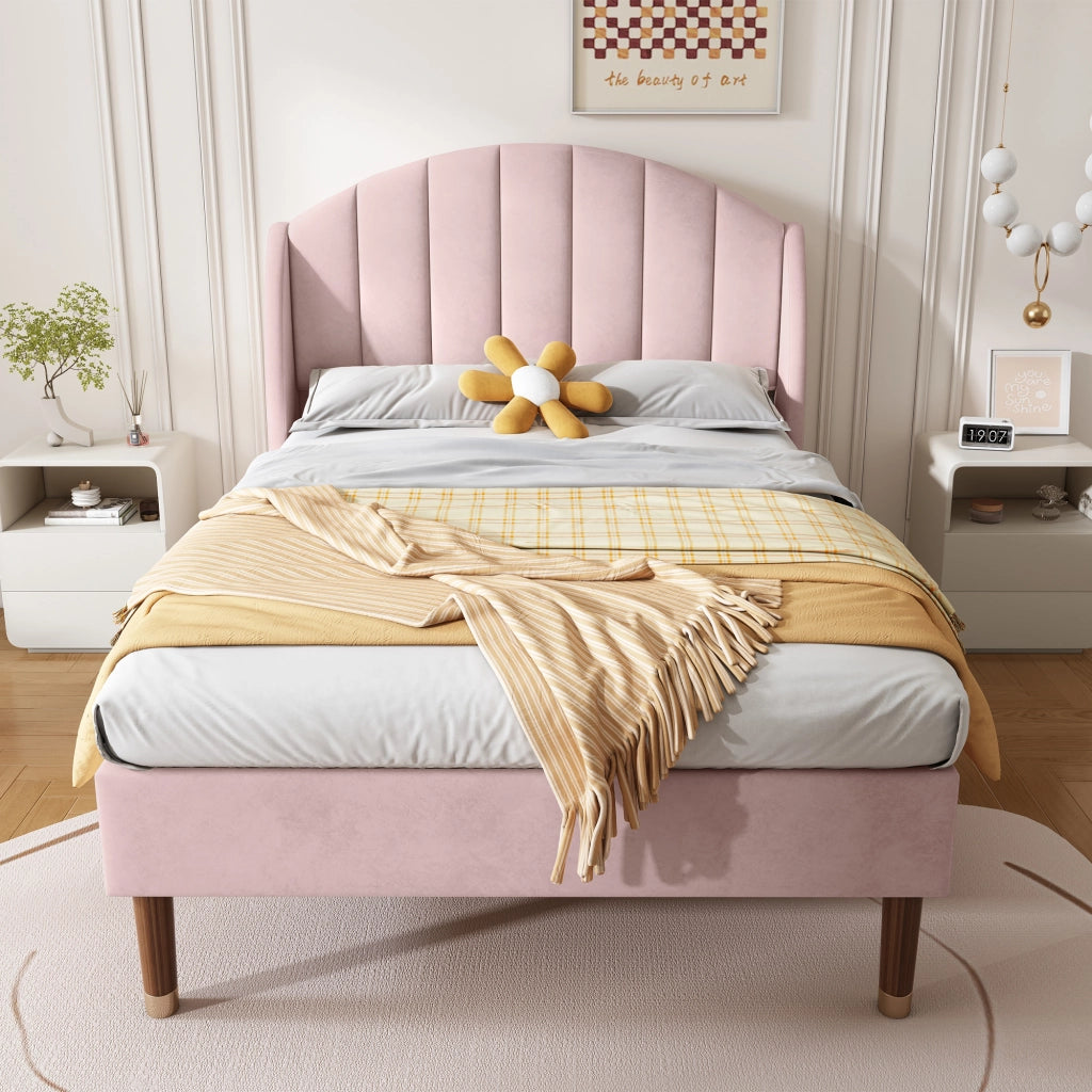 OKWISH Letto Singolo 90×200 cm con Testiera Imbottita e Rete a Doghe, senza Materasso, in Velluto, Rosa