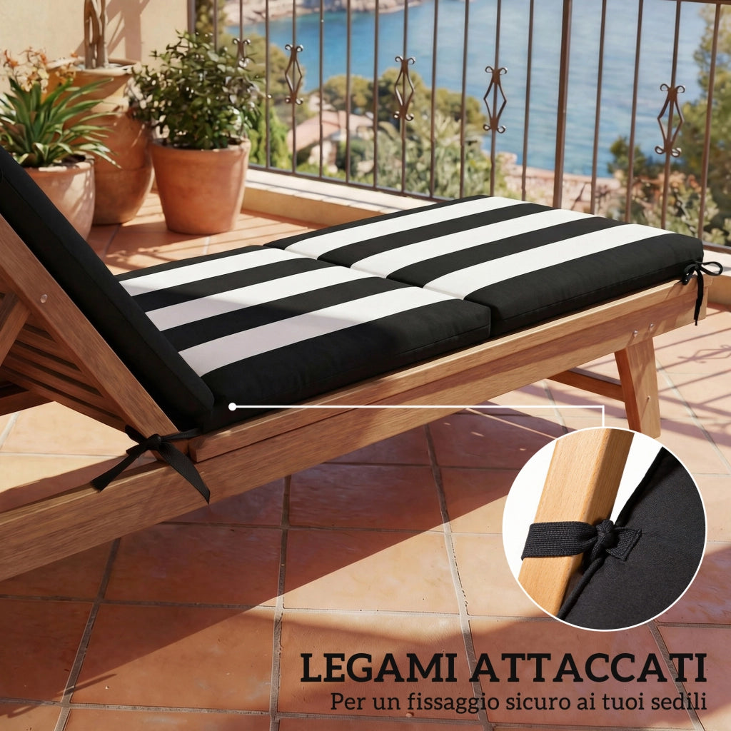 Set 2 Cuscini per Sedie da Esterno 183x54x6,5 cm con 6 Lacci di Fissaggio in Cotone Nero e Bianco