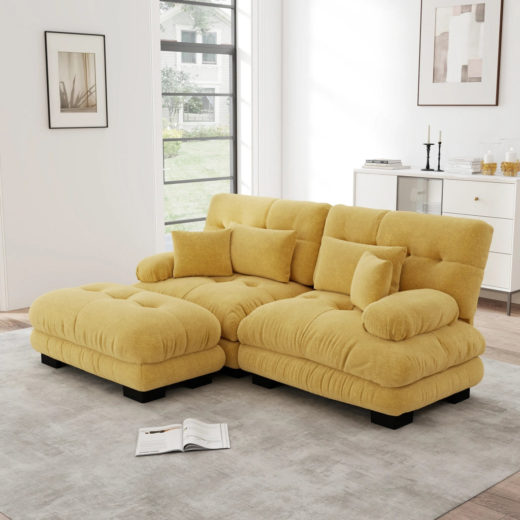 Divano angolare modulare in chenille con cuscini lombari e pouf, comfort profondo giallo 220 × 145 × 81 cm
