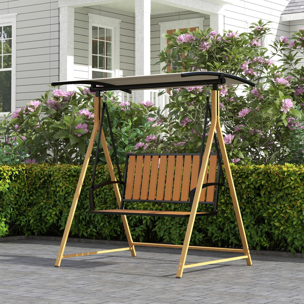 Sedia a dondolo da giardino 2 posti ¨C zephmum ¨C struttura in metallo, legno naturale, beige, 142x112x162 cm