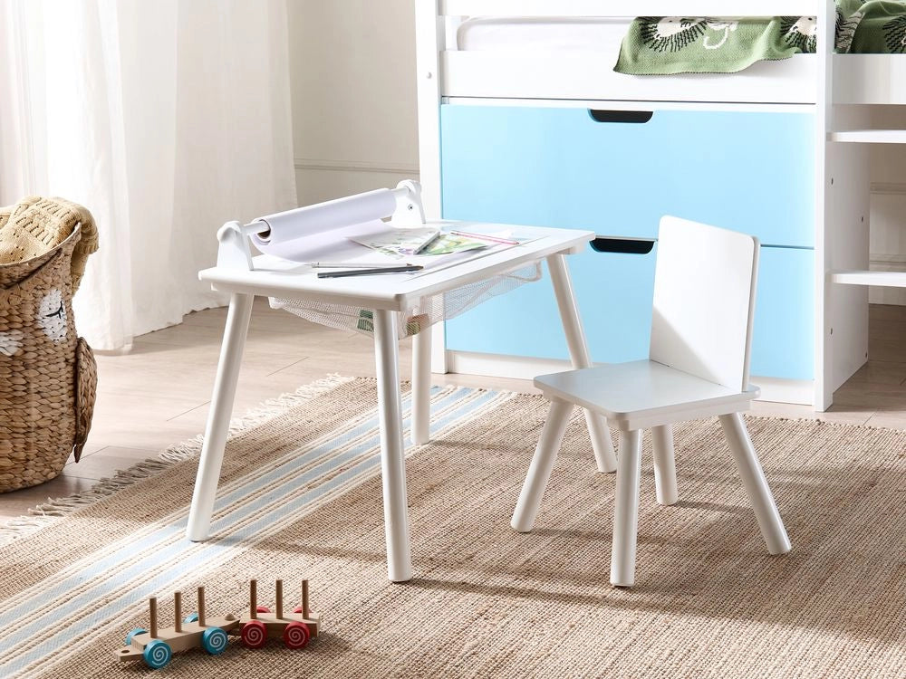 Set tavolo e sedie per bambini in MDF bianco con gambe in legno di pino Rotolo di carta aggiuntivo Copertura Stile scandinavo