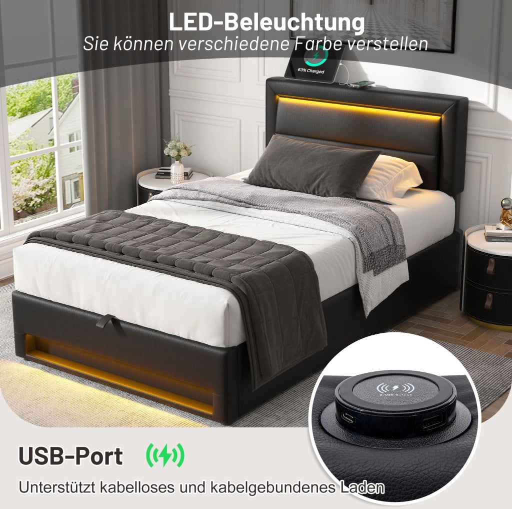 Letto imbottito 90x190 cm in PU con LED; USB e contenitore; nero