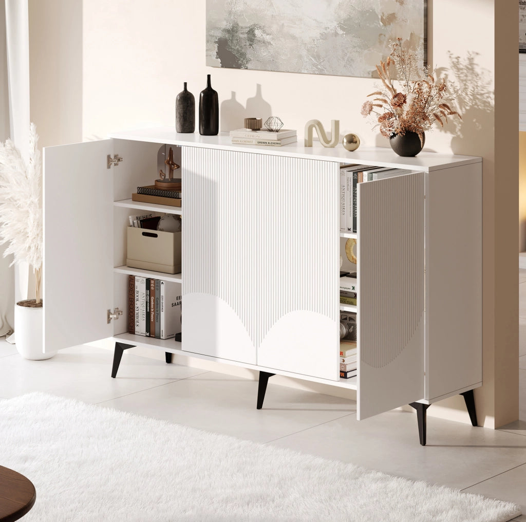 Credenza bianca 160 cm con ripiani regolabili e gambe in metallo