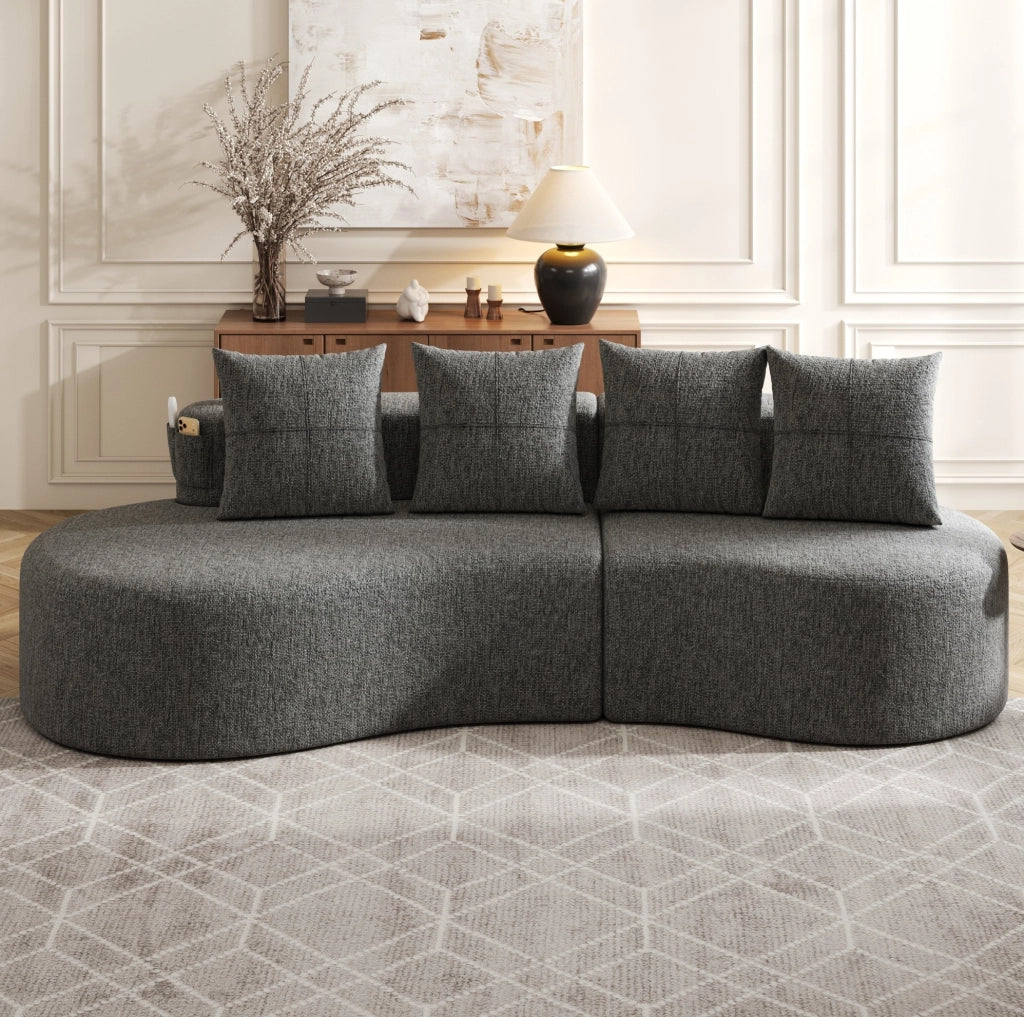 Divano 240x109 cm grigio scuro in lino; 4 cuscini e portabicchieri