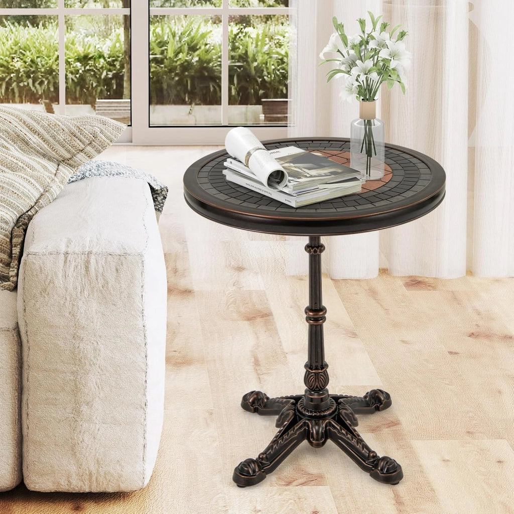 Tavolino per Patio, Tavolo Laterale da Interno Esterno in Alluminio Fuso con Piano Dipinto e Base a Croce, Tavolo da Caffè Moderno, Tavolino Decorativo per Soggiorno Giardino Cortile