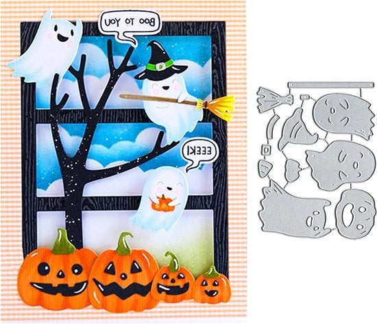 Stencili metallici premium per DIY scrapbooking e creazione di cartoline con tema Halloween, fantasma e zucche.