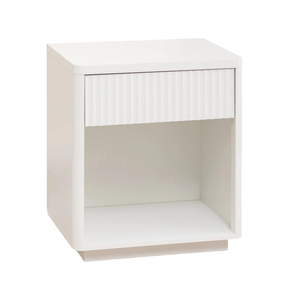 Comodino bianco in MDF con cassetto e vano a giorno